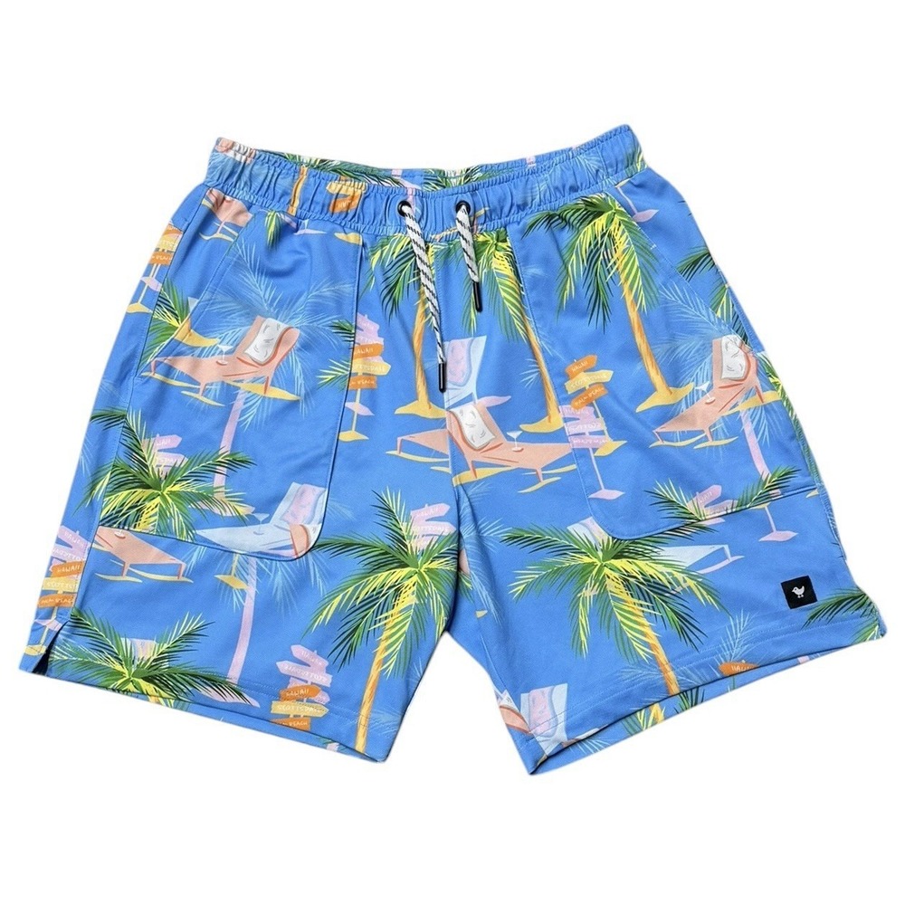 Bad Birdie Swim Trunks Mens Small Blue Tropical Palm Tree Resort Print Golf READ